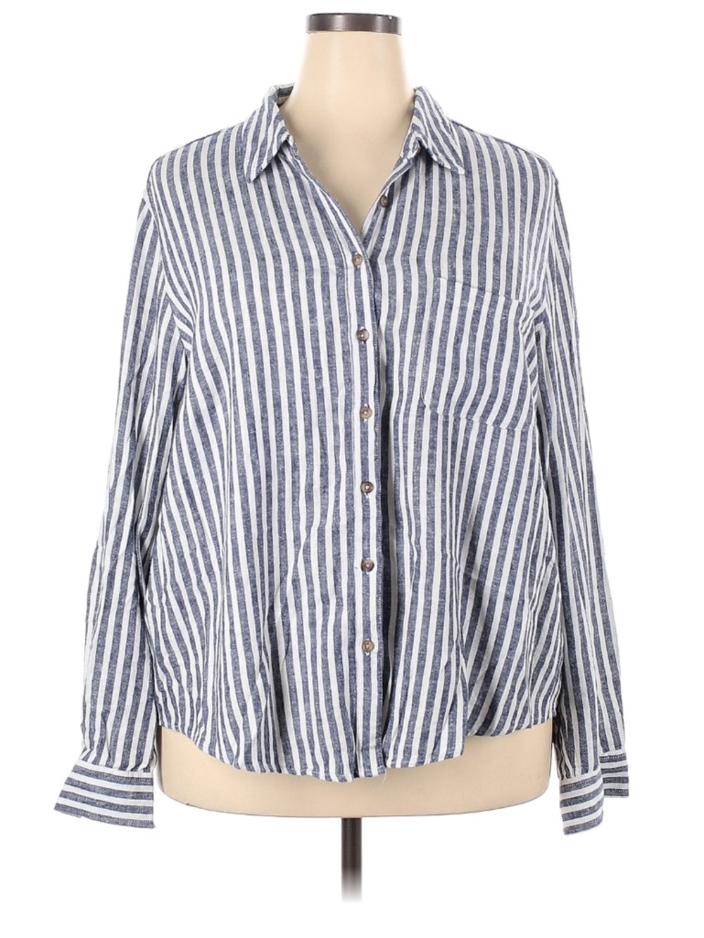 Linen-Blend Universal Thread Blue and White Striped Button-Down Shirt